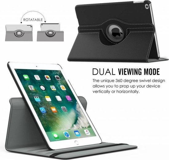 Zwarte Ntech tablethoes met een iPad in liggende en staande weergavemodus, illustrerend de 360° swivel functie.