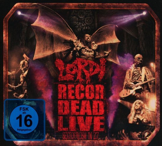 DVD cover met logo 'Lordi Record Dead Live' en afbeeldingen van bandleden in een duistere, demonische setting.