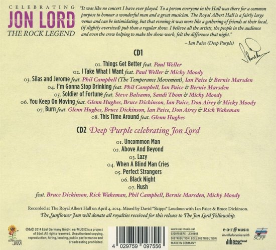 Achterkant van 'Celebrating Jon Lord The Rock Legend' CD1 en CD2 tracklist, met citaten en logo's.