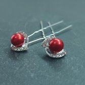 Zilverkleurige Hairpins – Rode Parel - Diamantjes - 2 stuks