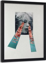 Foto in frame , Vrouw met artistieke tranen ,70x100cm , grijs blauw roze , wanddecoratie