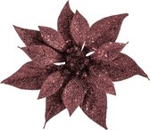 6x stuks decoratie bloemen kerststerren donkerrood glitter op clip 18 cm - Decoratiebloemen/kerstboomversiering