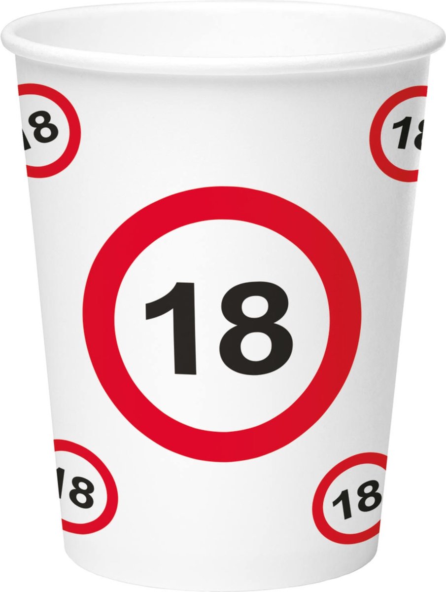 18 Jaar Verkeersbord Papieren Bekers 350ml - 8 stuks