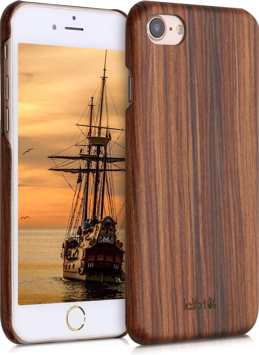 kalibri hoesje voor Apple iPhone SE (2022) / SE (2020) / 8 / 7 - Beschermende telefoonhoes van hout - Slank smartphonehoesje in bruin