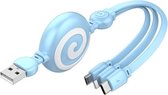 SJX-CB04 5A USB naar 8-pins + USB-C / Type-C + Micro USB 3-in-1 intrekbare snellaadgegevenskabel (blauw)