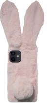 ADEL Siliconen Back Cover Softcase Hoesje Geschikt voor iPhone 12 Mini - Roze Konijn Pluche Stof