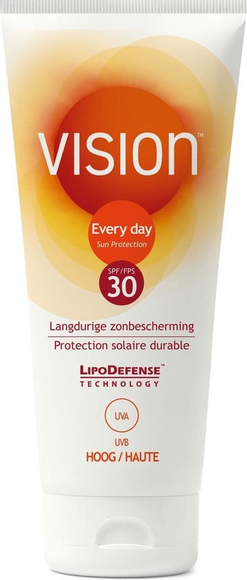 Tube Vision Every Day Sun Protection SPF 30. Oranje en gele cirkel met logo 'Vision'.