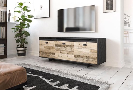 Meuble TV Moderne Vieux Wood & Zwart - 140 cm - Compartiments de rangement  spacieux | bol