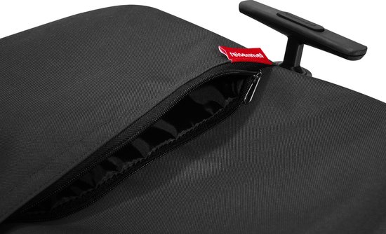 Detail van de ritssluiting op de zwarte boodschappentrolley met rode 'reisenthel' label.