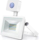 LED Bouwlamp 20 Watt met Sensor - LED Schijnwerper - Igan Sunny - Natuurlijk Wit 4000K - Waterdicht IP65 - Mat Wit - Aluminium