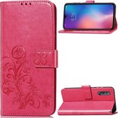 Lucky Clover geperste bloemenpatroon lederen tas voor Geschikt voor Xiaomi Mi 9, met houder en kaartsleuven en portemonnee en handriem (roze rood)