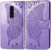 Butterfly Love Flowers Embossing Horizontale Flip Leather Case voor OnePlus 7 Pro, met houder & kaartsleuven & portemonnee & lanyard (lichtpaars)