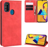 Voor Galaxy M30s Retro-skin Business magnetische zuignap Case met houder & kaartsleuven & portemonnee (rood)