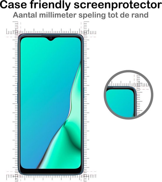 Screenprotector op een telefoon met maataanduiding "Case friendly screenprotector".