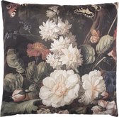 Clayre & Eef Sierkussen 45x45 cm Zwart Wit Synthetisch Vierkant Bloemen Kussenhoes met Kussenvulling