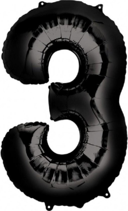 Ballon Cijfer 3 Jaar Zwart 36Cm Verjaardag Feestversiering Met Rietje