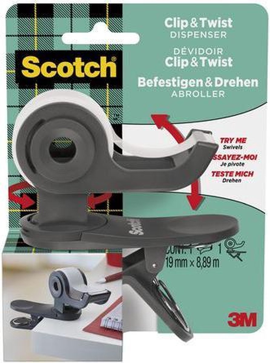 Dispenser clip scotch + 1rol 19x8.89m magic tape, 1 stuk