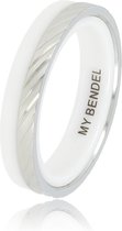 My Bendel - Leuke ring wit met zilver streep motief - Exclusieve duo-ring van wit keramiek en edelstaal gegraveerd met streepmotief - Met luxe cadeauverpakking