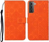 Voor Samsung Galaxy S21 + 5G etnische stijl reliëf patroon horizontale flip lederen tas met houder & kaartsleuven & portemonnee & lanyard (oranje)