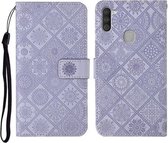 Voor Samsung Galaxy A11 etnische stijl reliëf patroon horizontale flip lederen tas met houder & kaartsleuven & portemonnee & lanyard (paars)