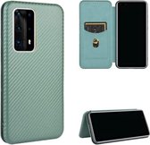 Voor Huawei P40 Pro + Carbon Fiber Texture Magnetische Horizontale Flip TPU + PC + PU Leather Case met Card Slot (Groen)
