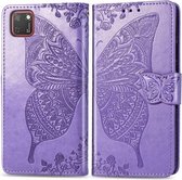 Voor Huawei Y5P Butterfly Love Flower Reliëf Horizontale Flip Leren Case met Beugel / Kaartsleuf / Portemonnee / Lanyard (Lichtpaars)