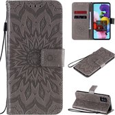 Voor Samsung Galaxy A51 5G reliÃ«f zonnebloem patroon horizontale flip pu lederen tas met houder & kaartsleuven & portemonnee & lanyard (grijs)