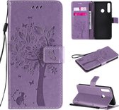 Voor Huawei Y6p Tree & Cat reliÃ«fpatroon Horizontale flip lederen tas met houder & kaartsleuven & portemonnee en lanyard (lichtpaars)