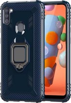 Voor Samsung Galaxy M11 koolstofvezel beschermhoes met 360 graden roterende ringhouder (blauw)