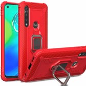 Voor Motorola Moto G Power koolstofvezel beschermhoes met 360 graden roterende ringhouder (rood)