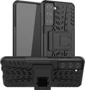 Voor Samsung Galaxy S21 5G Bandentextuur Schokbestendig TPU + PC beschermhoes met houder (zwart)