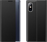 Zijruitweergave Magnetische zuigkracht Plain Grain Flip PU-leer + pc-hoes met houder voor iPhone XR (zwart)