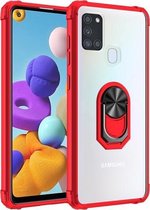 Voor Samsung Galaxy A21s schokbestendig transparant TPU + acryl beschermhoes met ringhouder (rood)