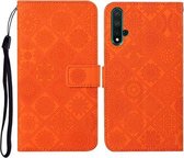 Voor Huawei Honor 20 Etnische stijl Reliëfpatroon Horizontale flip lederen hoes met houder & kaartsleuven & portemonnee & lanyard (oranje)