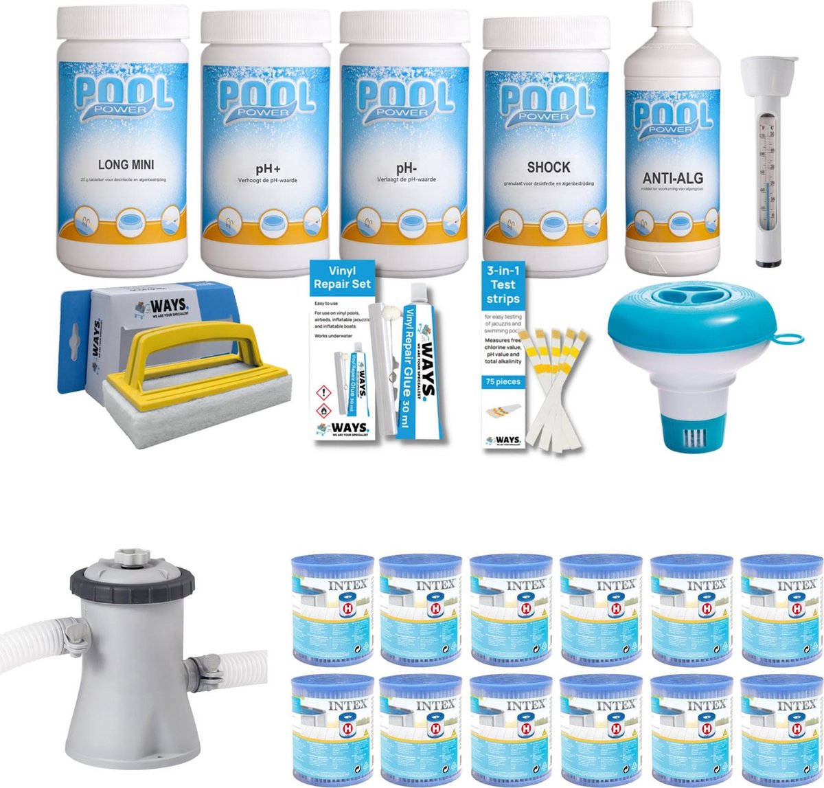 WAYS - Zwembad Onderhoud - Pakket Medium Deluxe & Filterpomp 1250 L/u & 12 Filters Type H
