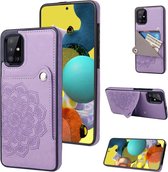 Voor Samsung Galaxy A51 reliëfpatroon PU + TPU beschermhoes met houder & portemonnee & kaartsleuven (paars)