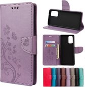 Voor Samsung Galaxy Note20 Ultra Butterfly Flower Embossing Horizontale Flip Leather Case met houder & kaartsleuven & portemonnee (lichtpaars)