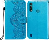 Voor Motorola Moto G8 Power Lite Flower Vine Embossing Pattern Horizontale Flip Leather Case met Card Slot & Holder & Wallet & Lanyard (Blue)