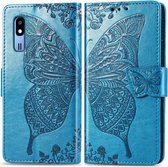 Butterfly Love Flowers Embossing Horizontale Flip Leather Case voor Samsung A2 Core met houder & kaartsleuven & portemonnee & Lanyard (blauw)