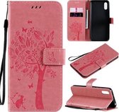 Voor Xiaomi Redmi 9A Boom & Kat Patroon Geperst Afdrukken Horizontale Flip PU Lederen Case met Houder & Kaartsleuven & Portemonnee & Lanyard (Roze)