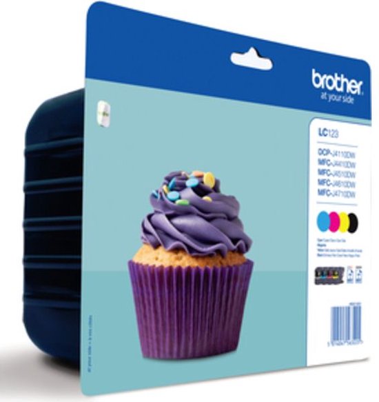 Brother LC123 inktcartridge verpakking met een cupcake met paarse botercrème en gekleurde hagelslag.
