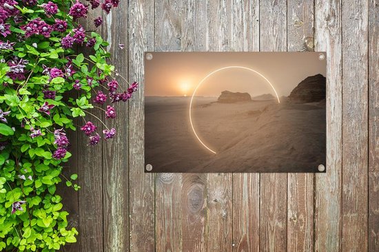 Cercle de néon sur affiche de jardin paysage rocheux toile lâche