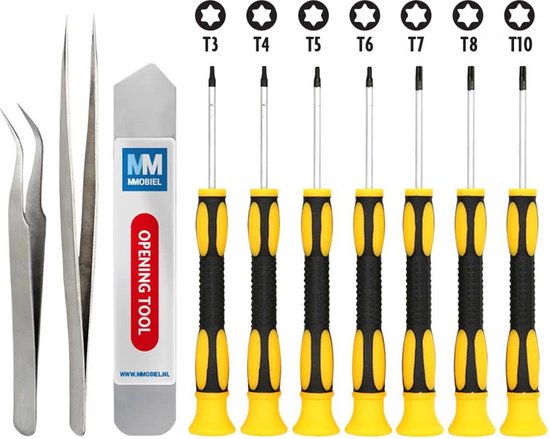 Een set van zeven Torx schroevendraaiers (T3-T10), een opening tool en twee pincetten.