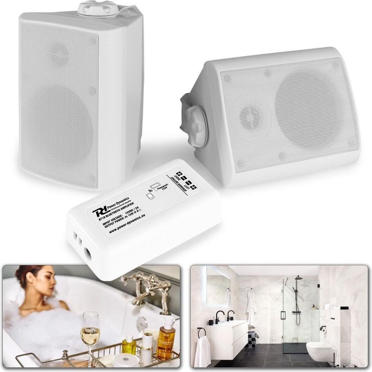 Buiten speakers - Geluidsinstallatie met 2 outdoor speakers en versterker met Bluetooth - Perfect voor overkapping, badkamer, sauna, etc. - Wit