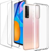 Huawei P Smart 2021 Hoesje Transparant  TPU Siliconen Soft Case + 2X Tempered Glass Screenprotector