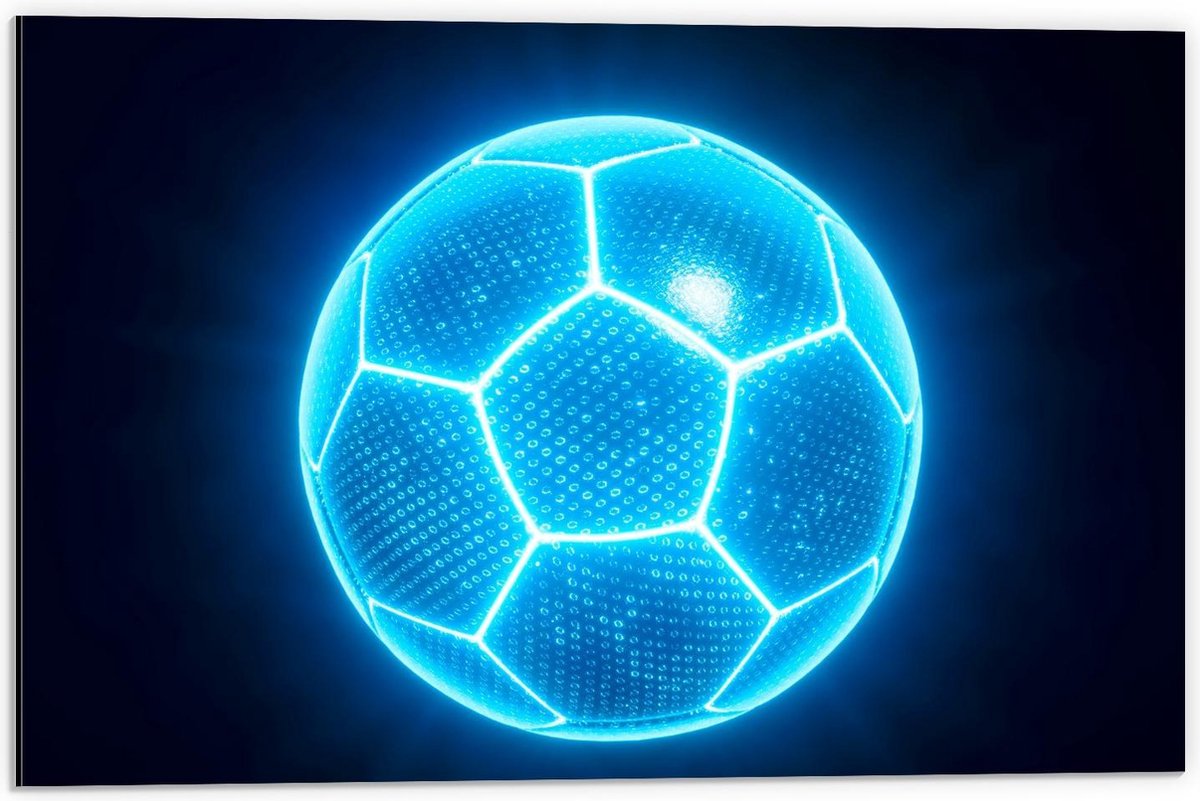 Dibond - Blauwe Neon Voetbal - 60x40cm Foto op Aluminium (Met Ophangsysteem)