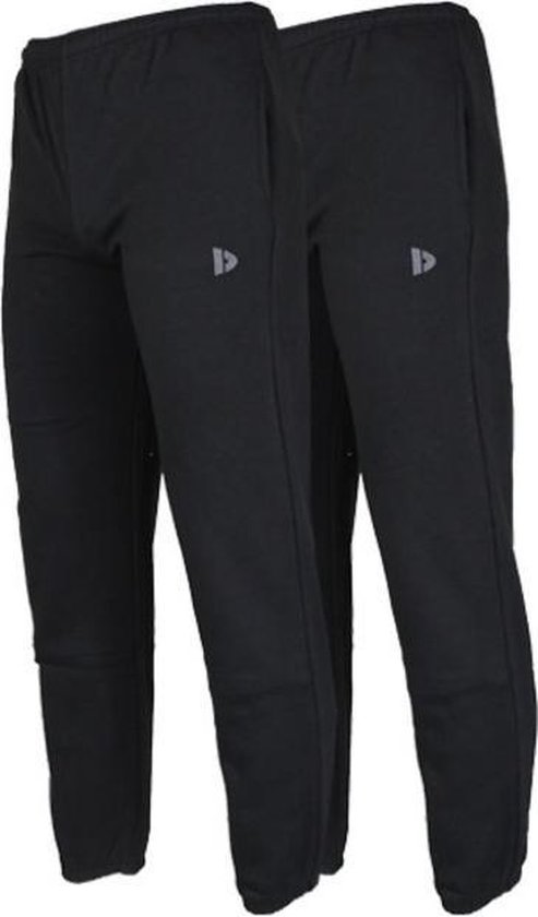 Twee zwarte Donnay joggingbroeken met logo op de zijkant, staand naast elkaar.