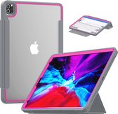 Tablet hoes geschikt voor Apple iPad Pro 12.9 (2018/2020) - Tri-Fold Book Case met Transparante Back Cover en Pencil Houder - Roze/Grijs