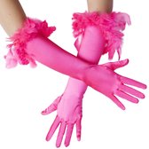 dressforfun - Lange satijnen handschoenen met veren pink - verkleedkleding kostuum halloween verkleden feestkleding carnavalskleding carnaval feestkledij partykleding - 304593