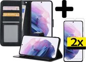 Samsung S21 Hoesje Book Case Met 2x Screenprotector - Samsung Galaxy S21 Case Wallet Hoesje Met 2x Screenprotector - Zwart